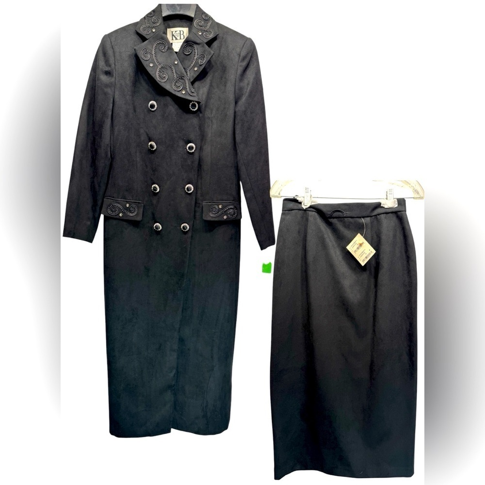 Vintage Stella Louise Black Long Double Breasted Jacket & Skirt Set Rhinestones